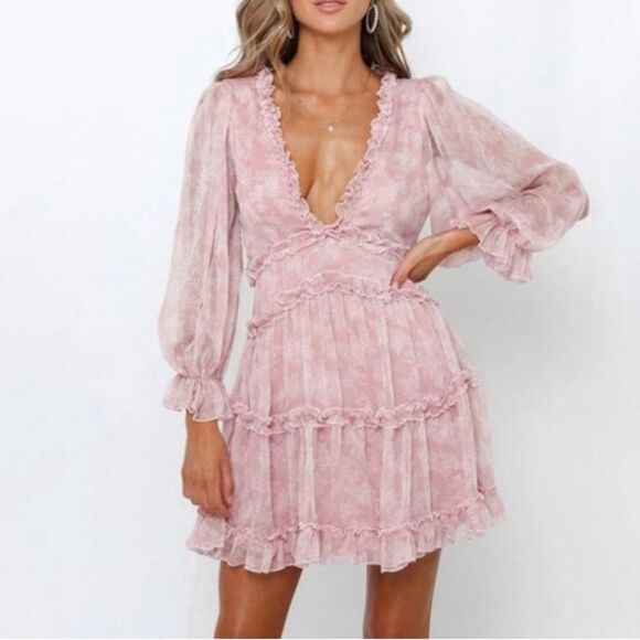 Aura the Label Boho Ruffle Mini Dress Cut Out Long Sleeve Pink Floral Medium - Picture 1 of 10